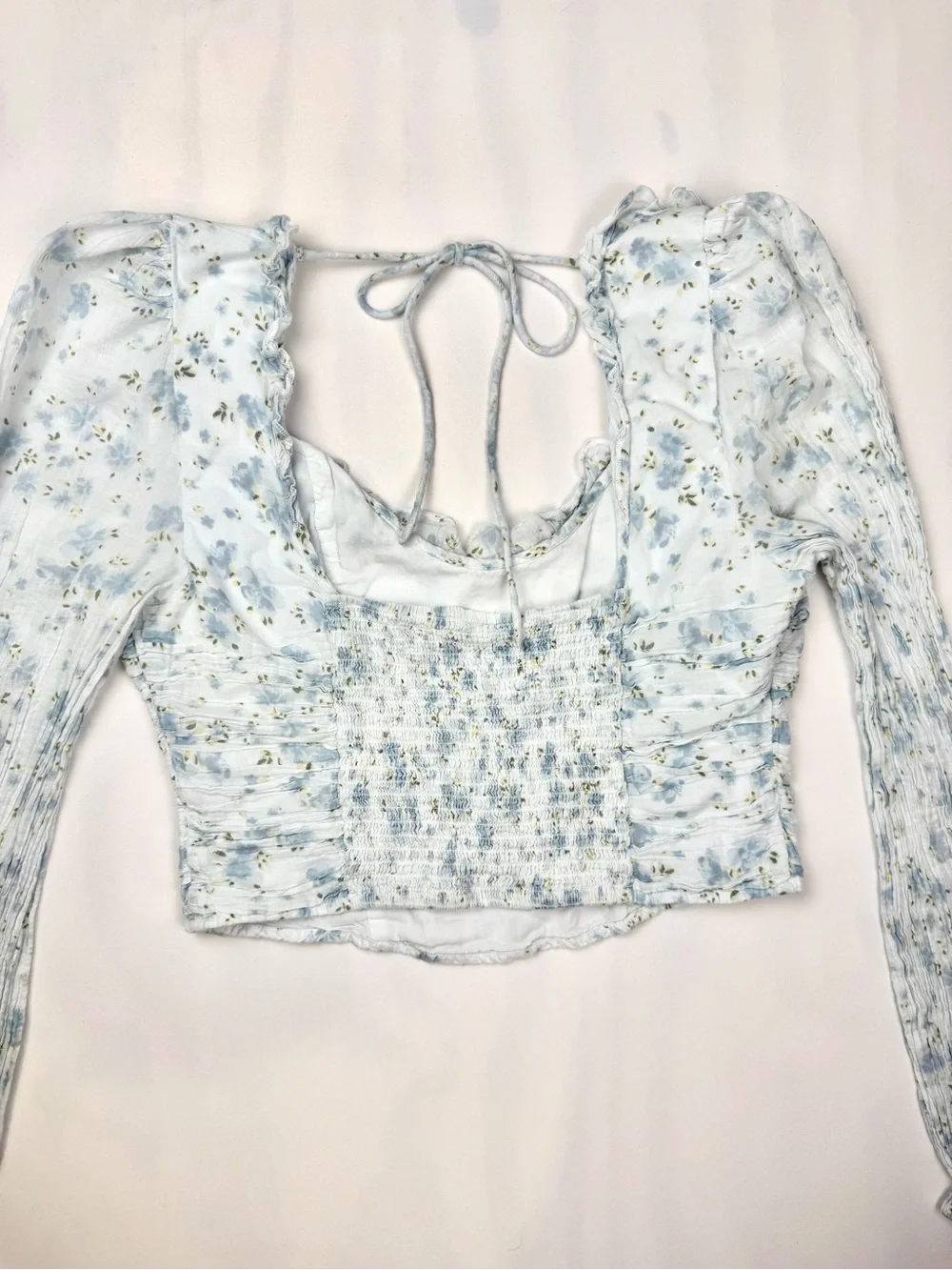 Free People Blue Floral Puff Sleeve Smocked Cottagecore Crop Top‎ XS S
